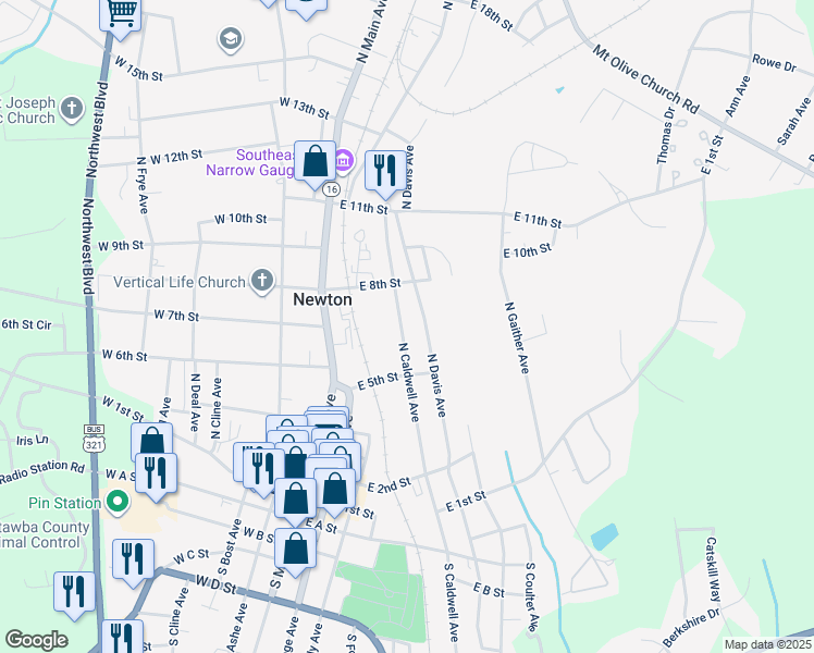 map of restaurants, bars, coffee shops, grocery stores, and more near 621 North Caldwell Avenue in Newton