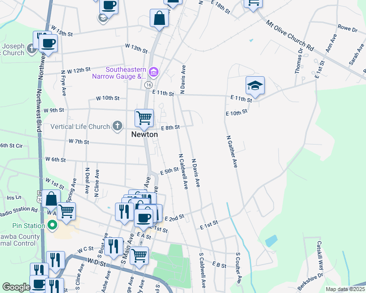 map of restaurants, bars, coffee shops, grocery stores, and more near 621 North Caldwell Avenue in Newton
