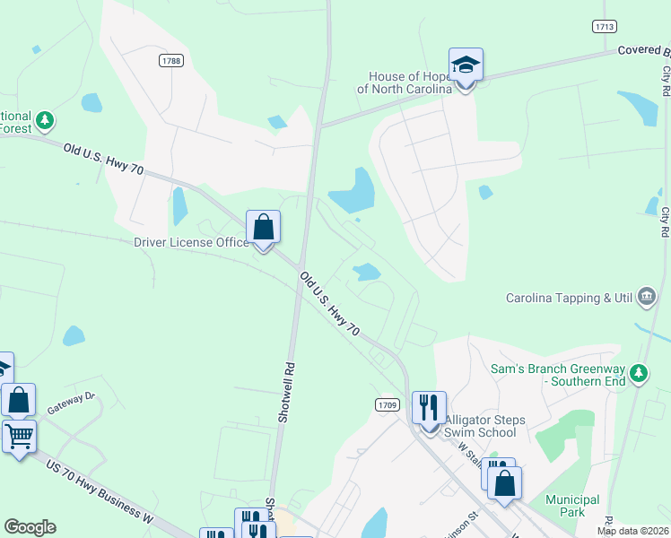 map of restaurants, bars, coffee shops, grocery stores, and more near 1294 Shotwell Road in Clayton