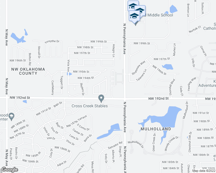map of restaurants, bars, coffee shops, grocery stores, and more near 19428 Currant Drive in Edmond