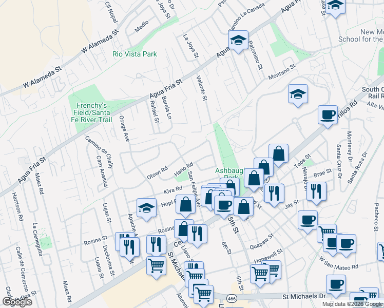 map of restaurants, bars, coffee shops, grocery stores, and more near 1837 Hano Road in Santa Fe