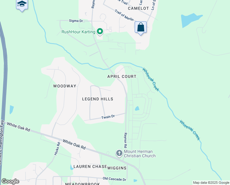 map of restaurants, bars, coffee shops, grocery stores, and more near 129 Ferndale Drive in Garner