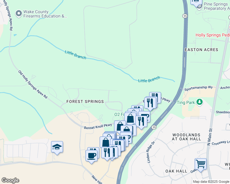 map of restaurants, bars, coffee shops, grocery stores, and more near 313 Sweet Violet Drive in Holly Springs