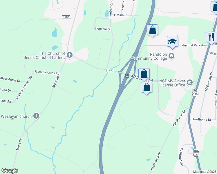 map of restaurants, bars, coffee shops, grocery stores, and more near 879 McDowell Rd in Asheboro