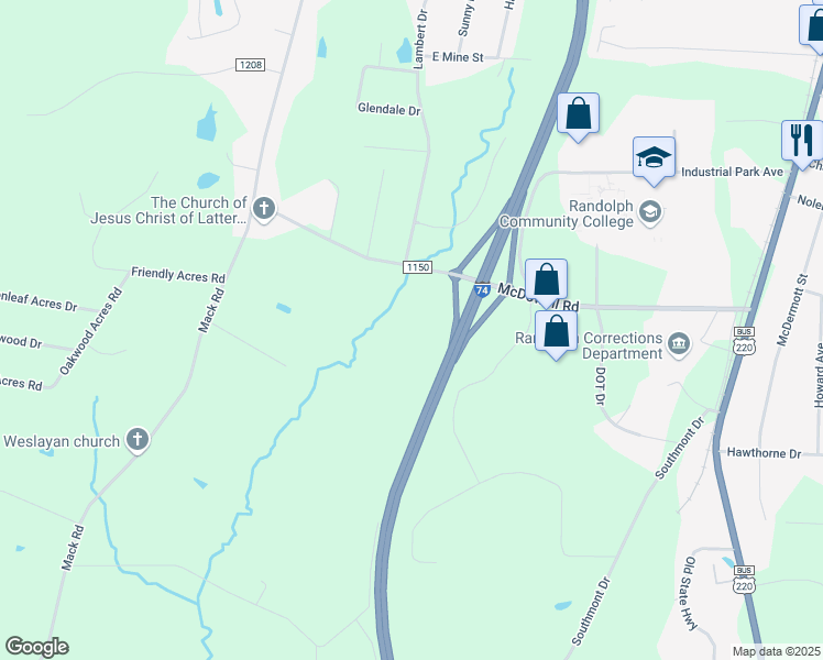 map of restaurants, bars, coffee shops, grocery stores, and more near 879 McDowell Rd in Asheboro