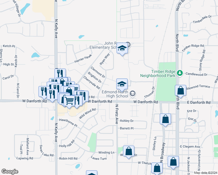 map of restaurants, bars, coffee shops, grocery stores, and more near 304 Brighton Drive in Edmond