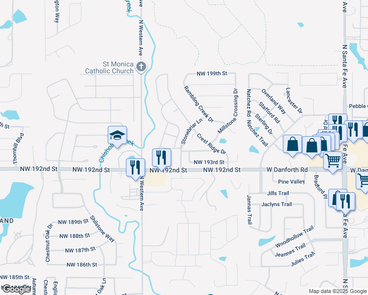 map of restaurants, bars, coffee shops, grocery stores, and more near 821 Northwest 194th Terrace in Edmond