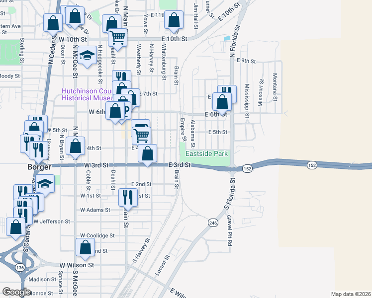 map of restaurants, bars, coffee shops, grocery stores, and more near 512 Empire Street in Borger