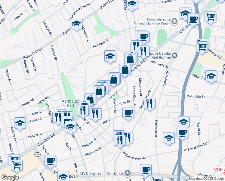 map of restaurants, bars, coffee shops, grocery stores, and more near 1431 Taos Street in Santa Fe