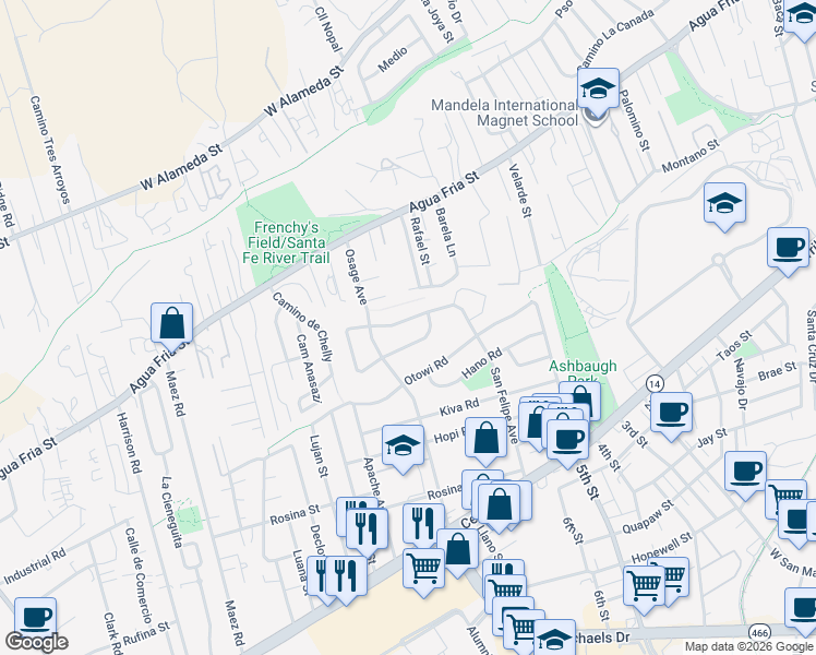 map of restaurants, bars, coffee shops, grocery stores, and more near 1963 Tijeras Road in Santa Fe