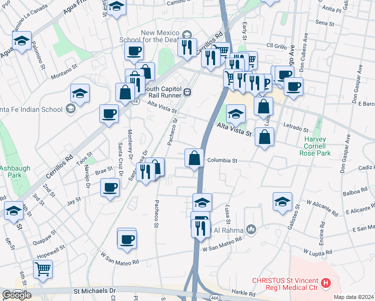 map of restaurants, bars, coffee shops, grocery stores, and more near 1220 South Saint Francis Drive in Santa Fe
