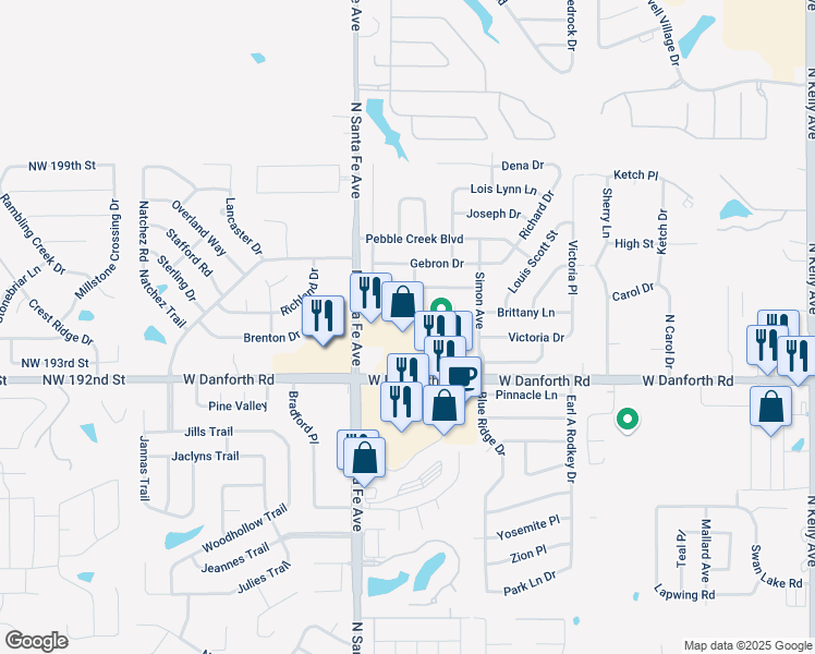 map of restaurants, bars, coffee shops, grocery stores, and more near 2201 West Danforth Road in Edmond