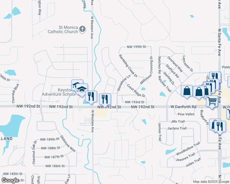 map of restaurants, bars, coffee shops, grocery stores, and more near 19500 Green Meadow Lane in Edmond