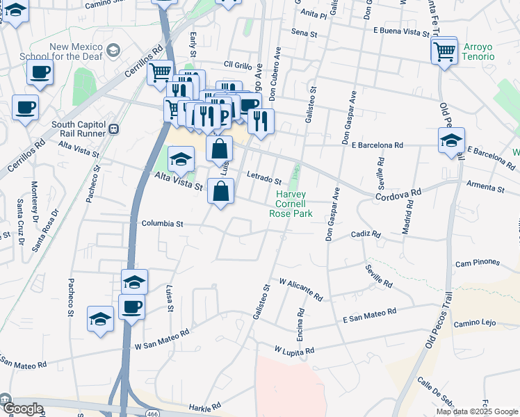 map of restaurants, bars, coffee shops, grocery stores, and more near 1409 Miracerros Lane North in Santa Fe