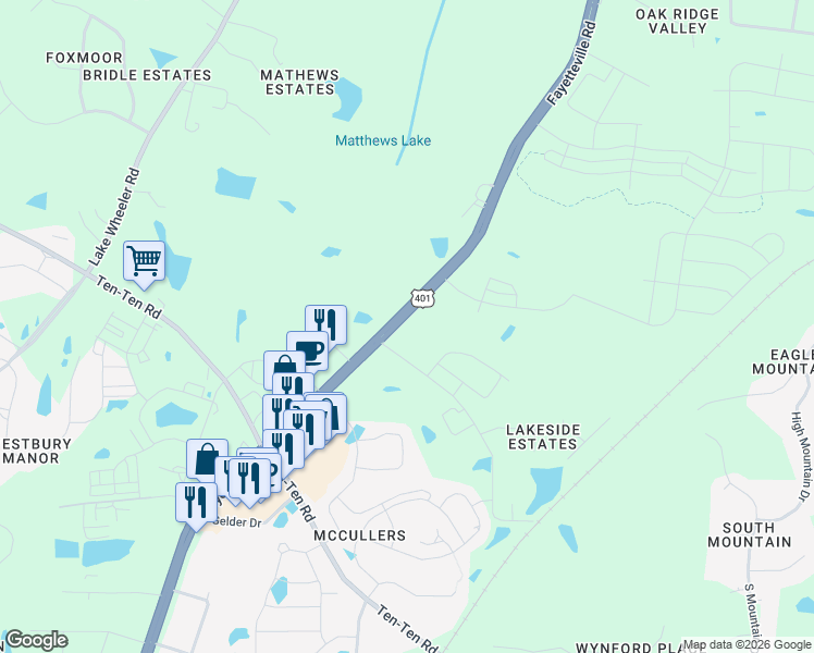 map of restaurants, bars, coffee shops, grocery stores, and more near 7625 Fayetteville Road in Raleigh