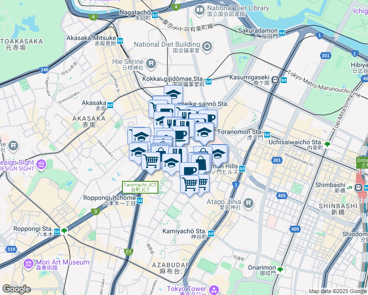 map of restaurants, bars, coffee shops, grocery stores, and more near in Minato City