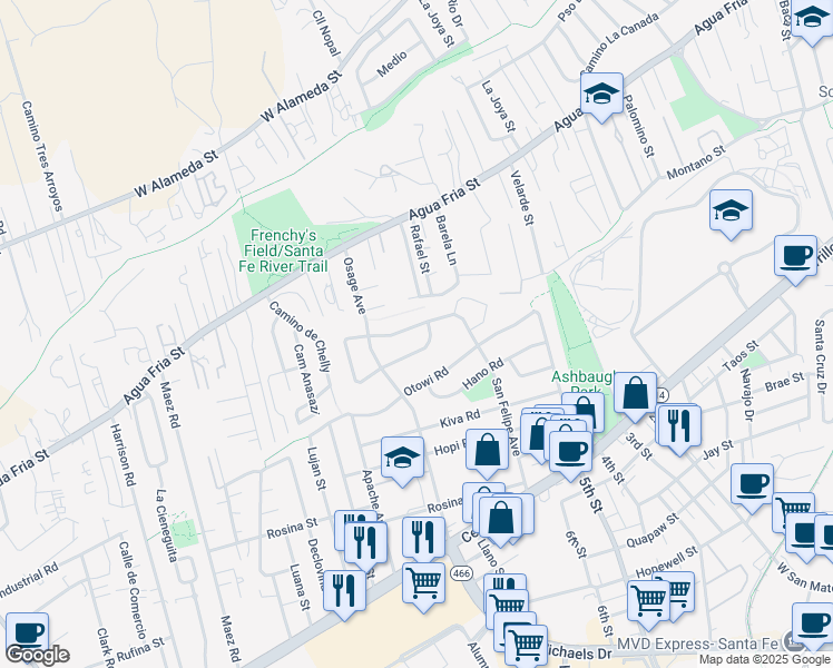 map of restaurants, bars, coffee shops, grocery stores, and more near 1930 Tijeras Road in Santa Fe