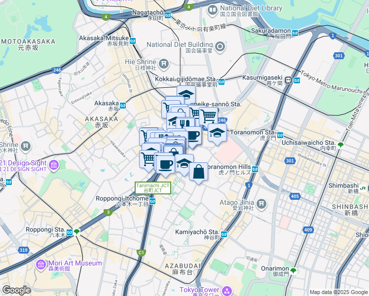 map of restaurants, bars, coffee shops, grocery stores, and more near in Minato-ku