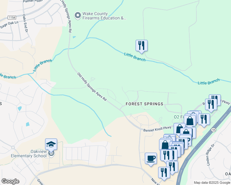 map of restaurants, bars, coffee shops, grocery stores, and more near 135 Cypress Hill Lane in Holly Springs