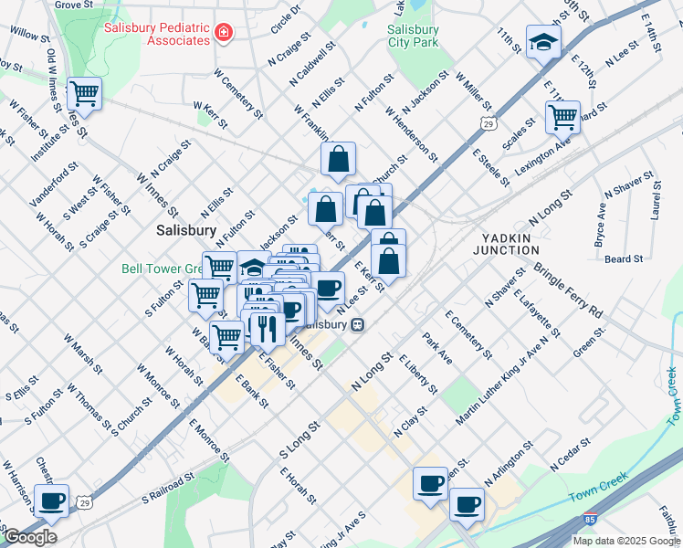 map of restaurants, bars, coffee shops, grocery stores, and more near 320 North Main Street in Salisbury