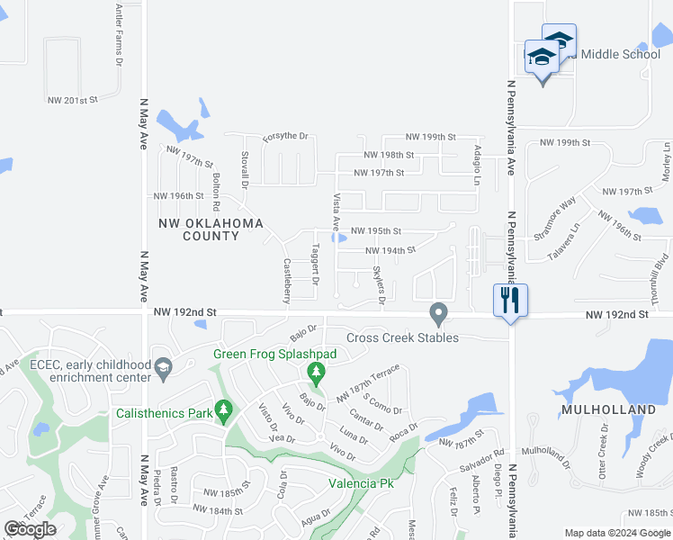 map of restaurants, bars, coffee shops, grocery stores, and more near 18828 Vista Avenue in Edmond