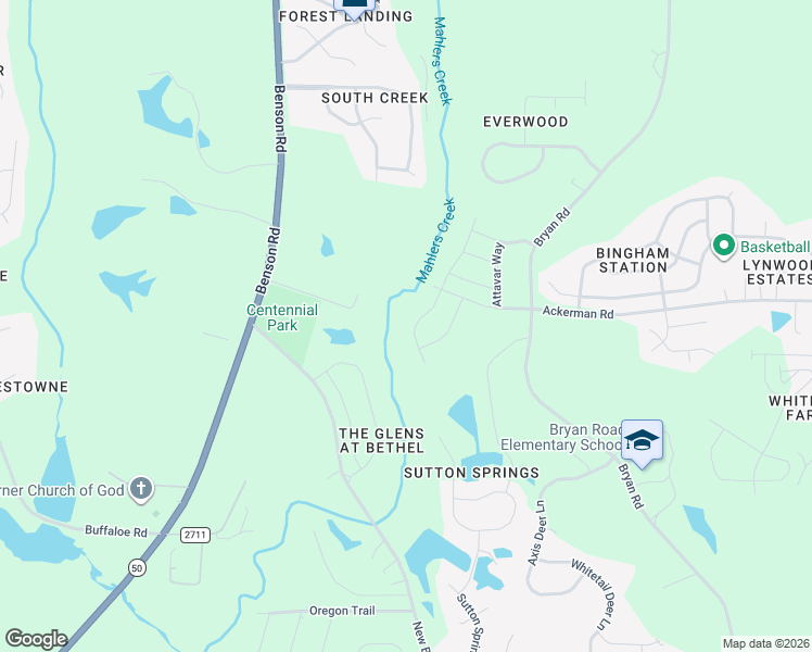 map of restaurants, bars, coffee shops, grocery stores, and more near 8100 Bryan Road in Garner
