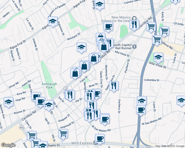 map of restaurants, bars, coffee shops, grocery stores, and more near 115 Taos Street in Santa Fe
