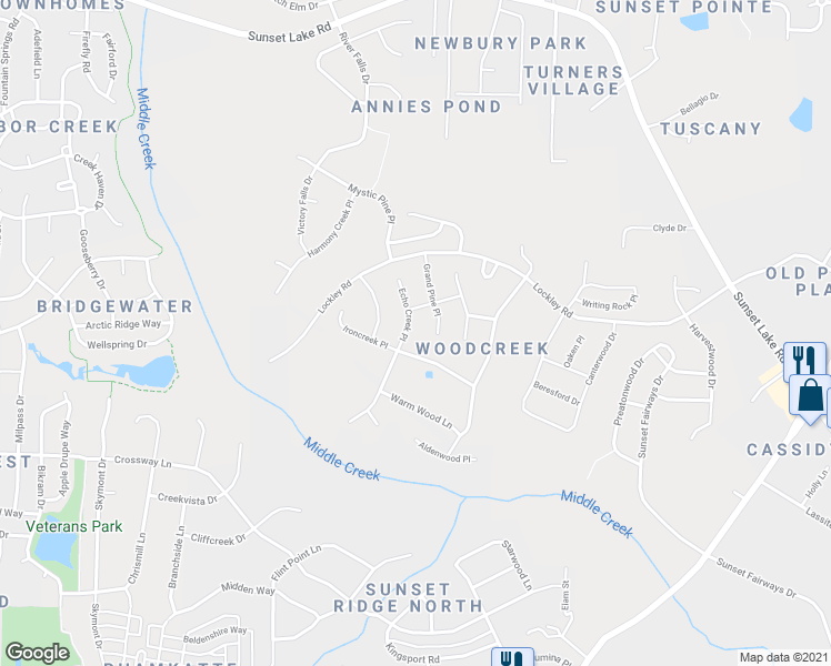 map of restaurants, bars, coffee shops, grocery stores, and more near 109 Echo Creek Place in Apex