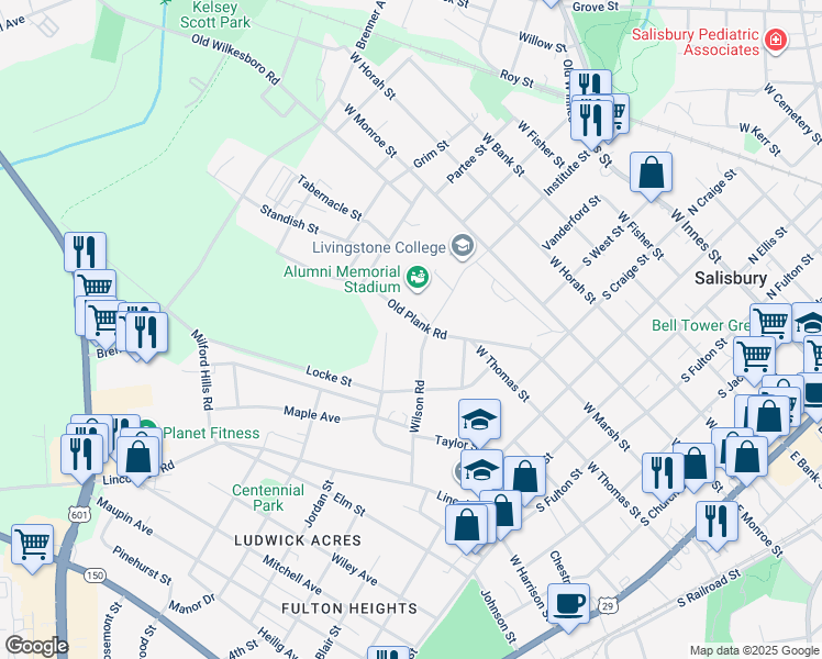 map of restaurants, bars, coffee shops, grocery stores, and more near 1017 Old Plank Road in Salisbury