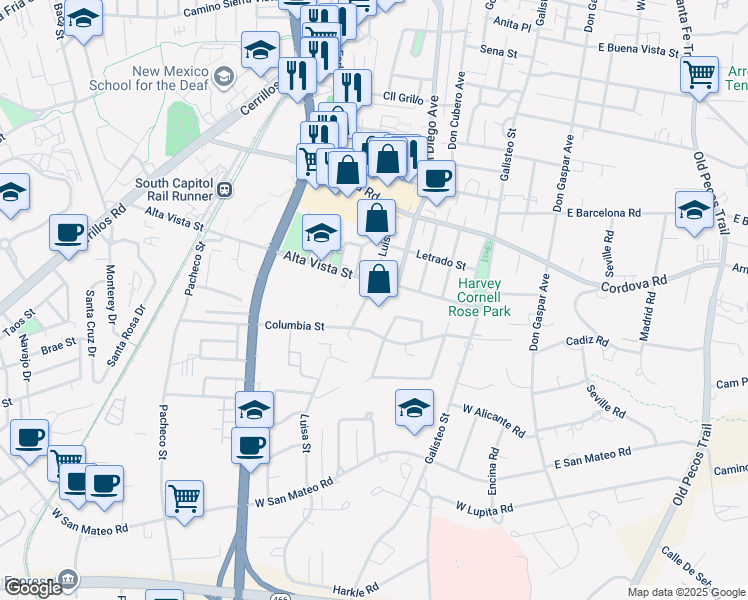 map of restaurants, bars, coffee shops, grocery stores, and more near 600 Alta Vista Street in Santa Fe