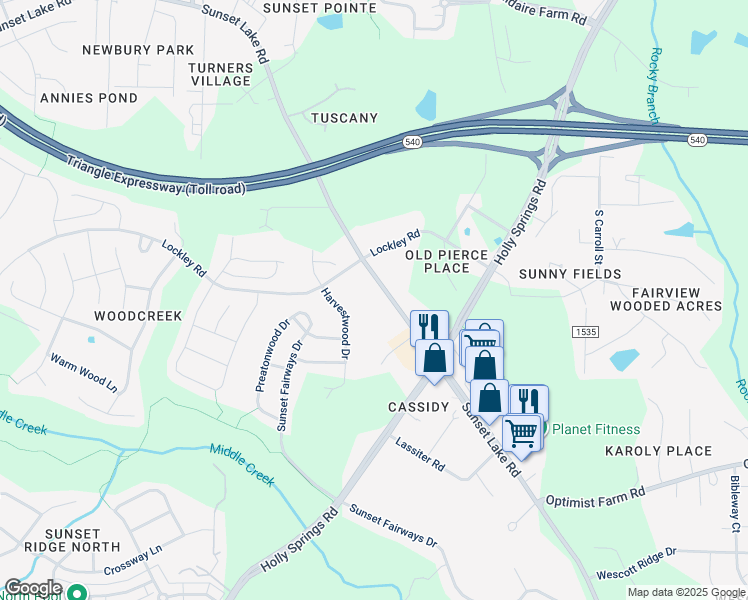 map of restaurants, bars, coffee shops, grocery stores, and more near 5128 Sunset Lake Rd in Apex