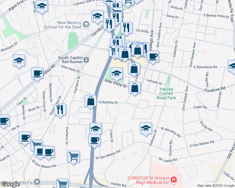 map of restaurants, bars, coffee shops, grocery stores, and more near Alta Vista Street in Santa Fe