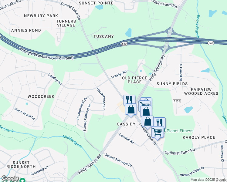 map of restaurants, bars, coffee shops, grocery stores, and more near 5128 Sunset Lake Rd in Apex