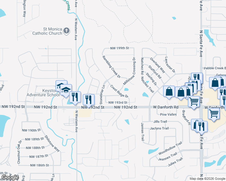 map of restaurants, bars, coffee shops, grocery stores, and more near 19512 Brookshire Court in Edmond