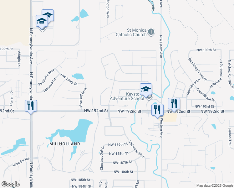 map of restaurants, bars, coffee shops, grocery stores, and more near 19425 Stubblefield Lane in Edmond