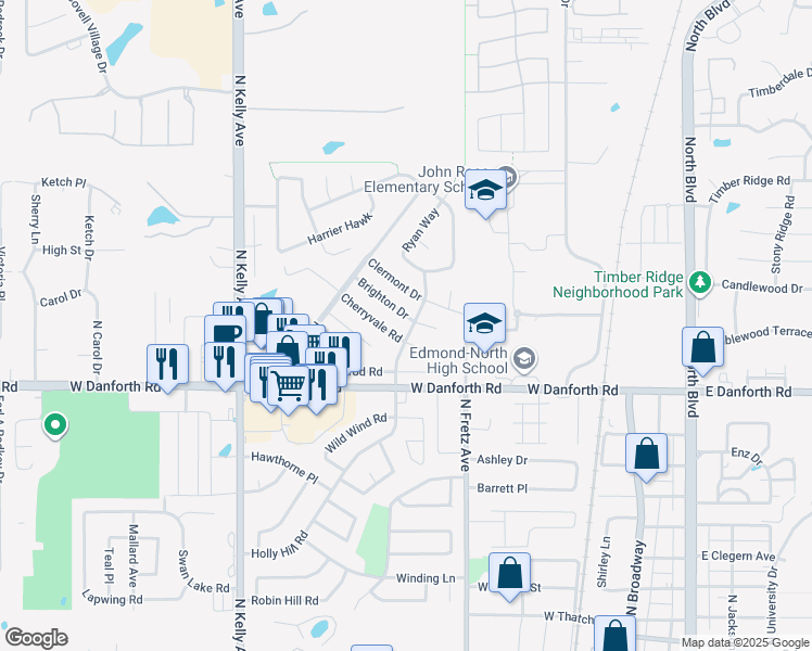 map of restaurants, bars, coffee shops, grocery stores, and more near 409 Brighton Drive in Edmond