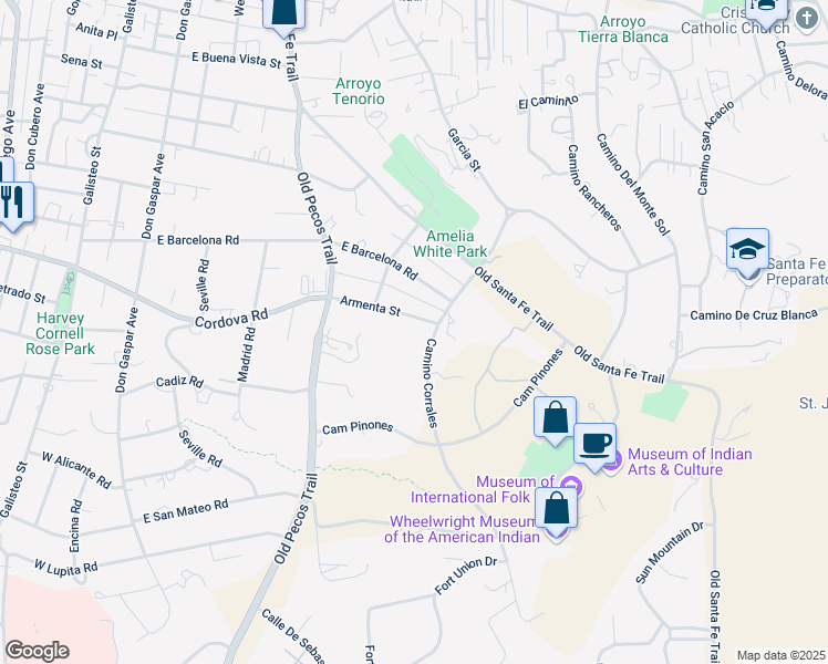 map of restaurants, bars, coffee shops, grocery stores, and more near 662 Armenta Street in Santa Fe