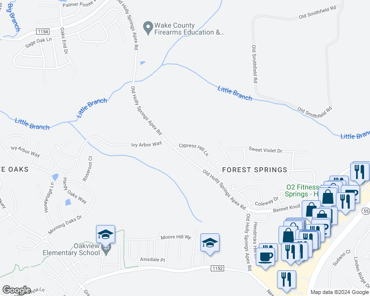 map of restaurants, bars, coffee shops, grocery stores, and more near 206 Cypress Hill Lane in Holly Springs