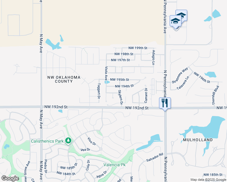 map of restaurants, bars, coffee shops, grocery stores, and more near 2417 Northwest 194th Terrace in Edmond