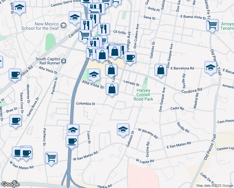 map of restaurants, bars, coffee shops, grocery stores, and more near 1319 Don Diego Avenue in Santa Fe