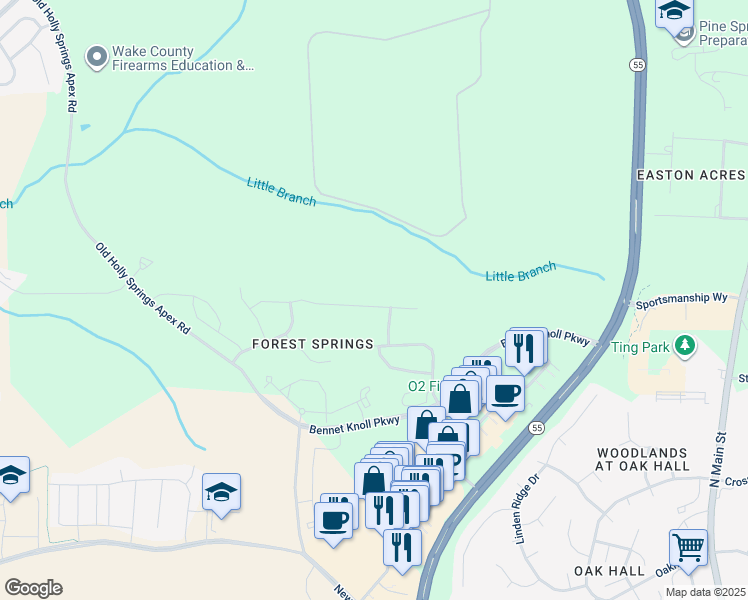 map of restaurants, bars, coffee shops, grocery stores, and more near 252 Sweet Violet Drive in Holly Springs
