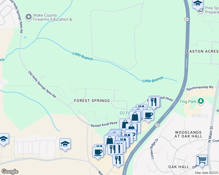 map of restaurants, bars, coffee shops, grocery stores, and more near 252 Sweet Violet Drive in Holly Springs
