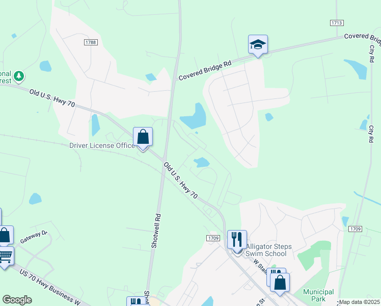 map of restaurants, bars, coffee shops, grocery stores, and more near 52 Wildflower Circle in Clayton
