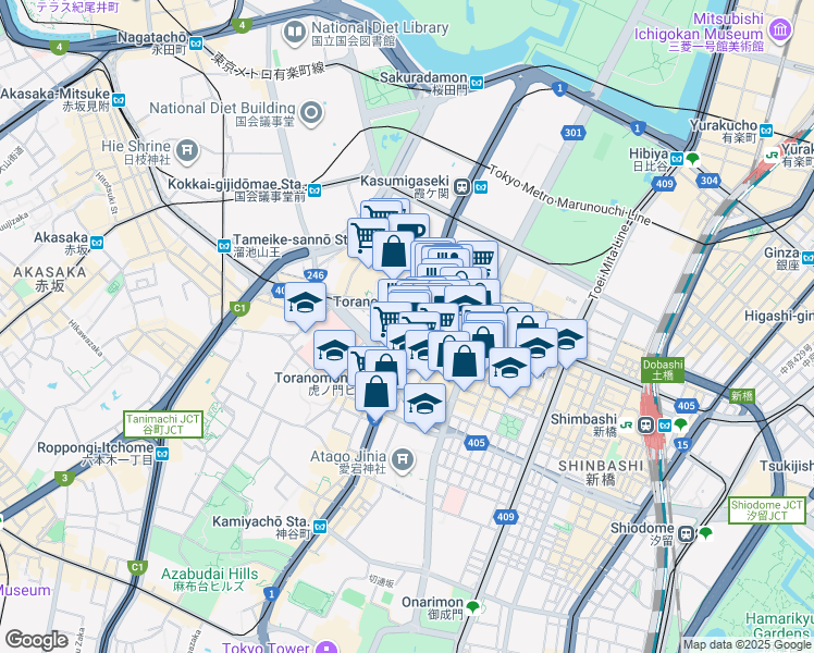 map of restaurants, bars, coffee shops, grocery stores, and more near in Minato City