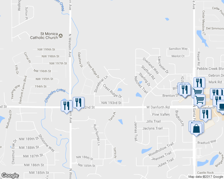 map of restaurants, bars, coffee shops, grocery stores, and more near 19500 Crest Ridge Drive in Edmond