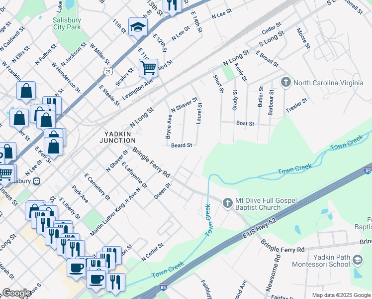 map of restaurants, bars, coffee shops, grocery stores, and more near 1225 Beard Street in Salisbury