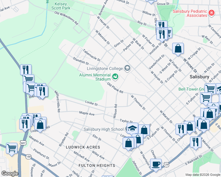 map of restaurants, bars, coffee shops, grocery stores, and more near 1029 Old Plank Road in Salisbury