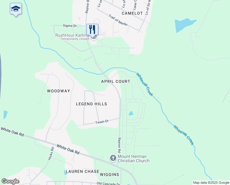 map of restaurants, bars, coffee shops, grocery stores, and more near 5620 Raynor Road in Garner