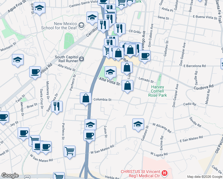 map of restaurants, bars, coffee shops, grocery stores, and more near 640 Alta Vista Street in Santa Fe