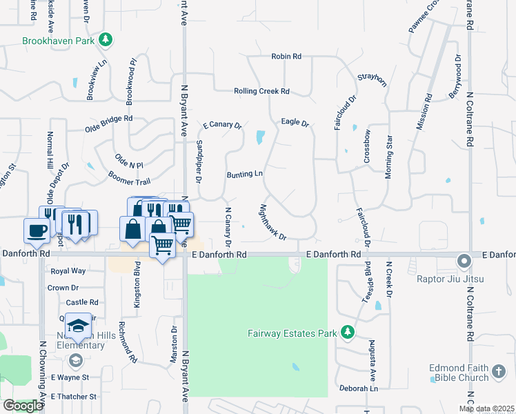 map of restaurants, bars, coffee shops, grocery stores, and more near 1505 Nighthawk Drive in Edmond